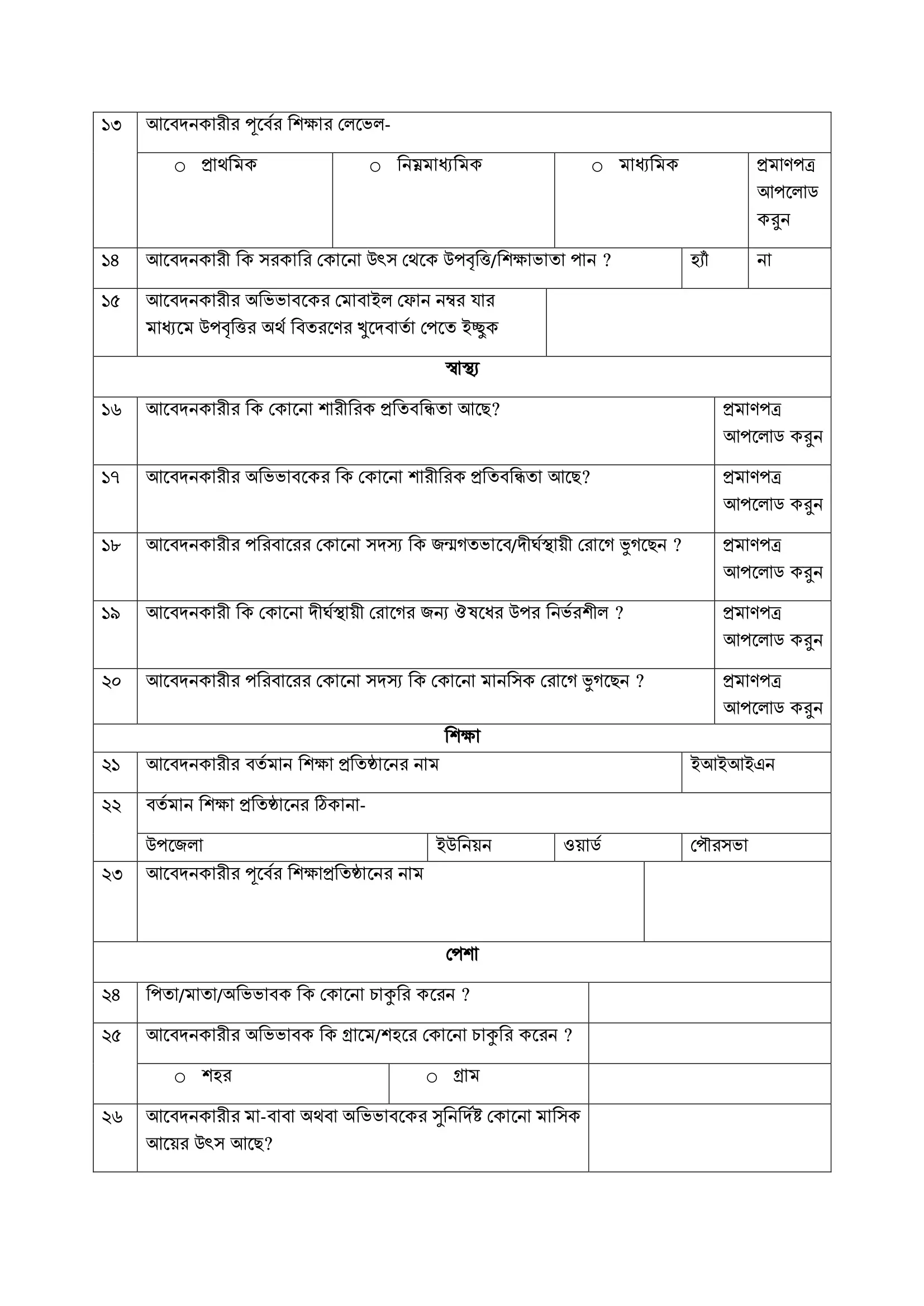 উপবৃত্তির জন্য আবেদন ফরম Pdf দ্বিতীয় পৃষ্ঠা