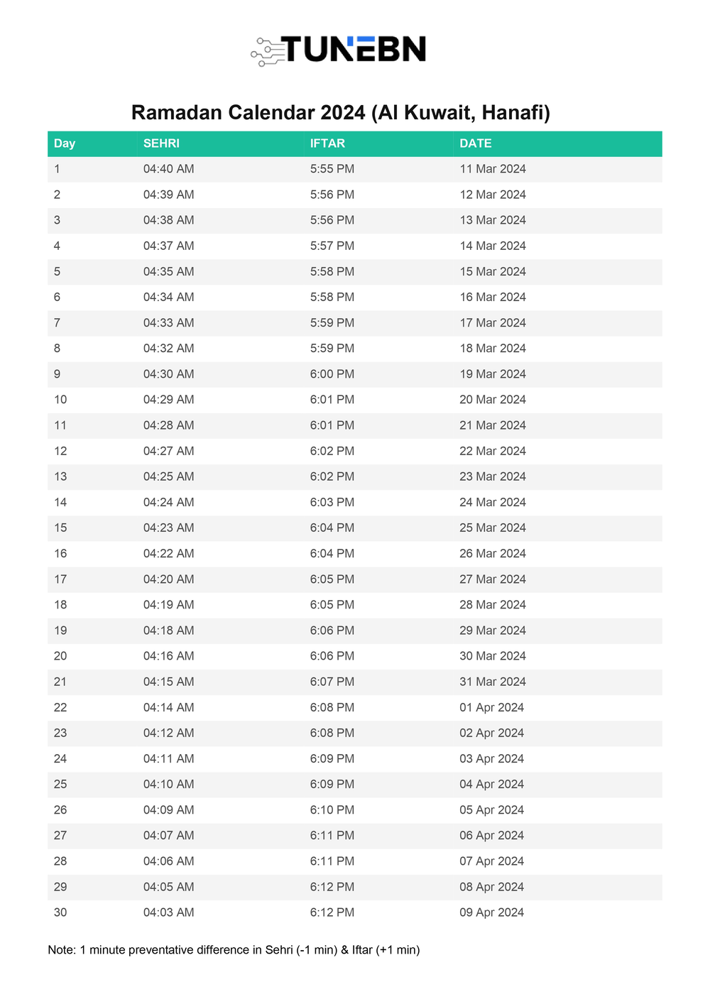 কুয়েত রমজানের সময় সূচি 2024 ছবি
